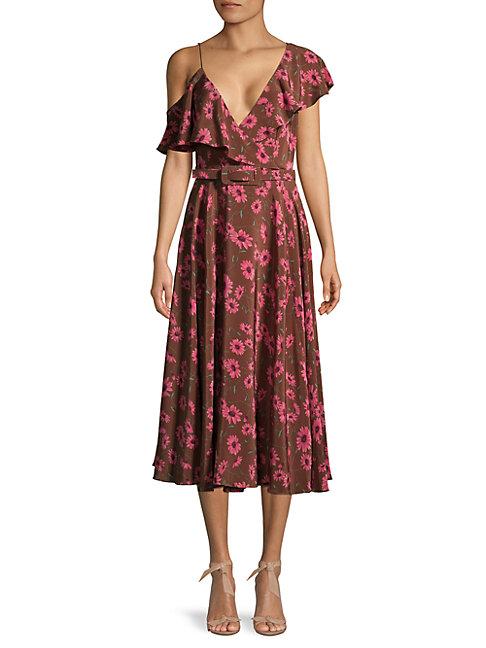 Michael Kors Collection Floral Asymmetric Ruffle Silk Dress