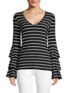 Scripted Striped Tiered Bell-sleeve Top