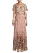 Marchesa Flutter-sleeve Embroidered Tulle Gown