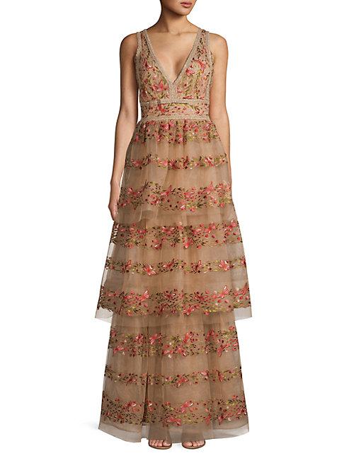 Marchesa Notte Floral Embroidery Tiered Gown