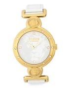 Versus Versace Yellow Goldtone Stainless Steel White Dial Leather Strap Watch