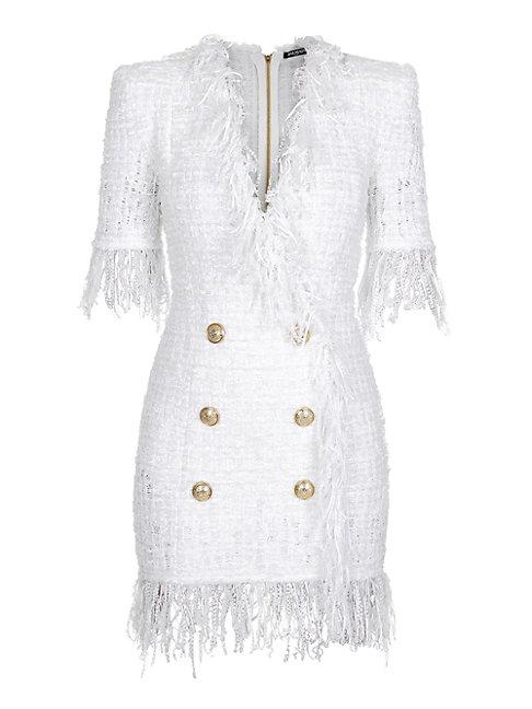 Balmain Tweed Fringe Sheath Blazer Dress