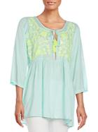 Saks Fifth Avenue Blue Embroidered Tassel Tunic Top