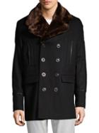 Karl Lagerfeld Faux Fur Collar Double-breasted Wool Blend Coat