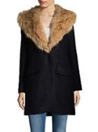 Badgley Mischka Wool-blend Faux Fur Collar Walker Coat