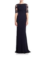 Badgley Mischka Lace-sleeve Ruched Jersey Gown