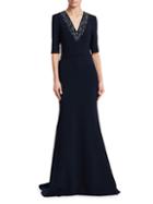 Theia V-neck Beaded Crepe Gown