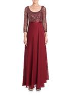 Kay Unger Sequined Three-quarter Sleeve Chiffon Gown