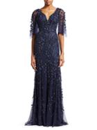 Theia Flutter Sleeve Beaded Gown
