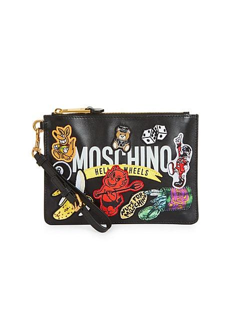 Moschino Logo Patches Leather Wristlet