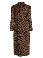 Burberry Leopard Tie-neck Puff-sleeve Midi Dress