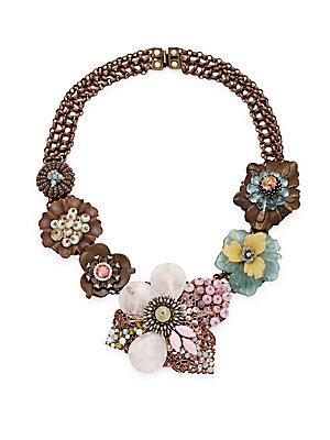 Miriam Haskell White Pearl & Crystal Floral Necklace