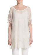 Saks Fifth Avenue Blue Lace-trim Embroidered Silk-blend Tunic