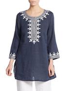 Saks Fifth Avenue Blue Embroidered Linen Top