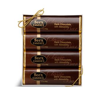 See's Candies Dark Chocolate With Almonds Candy Bars - 4 Pack