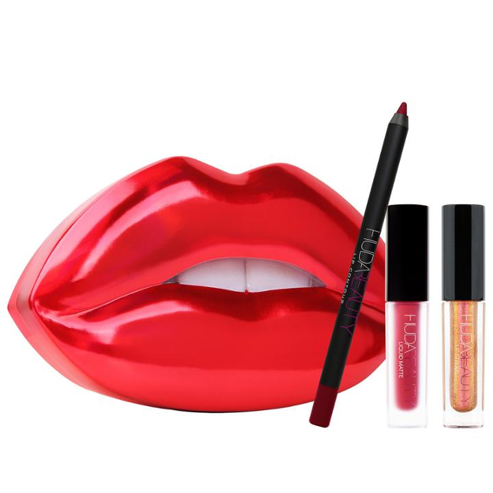 Huda Beauty Contour & Strobe Lip Set Heartbreaker - Lip Pencil & Liquid Lip, Shameless - Lip Strobe
