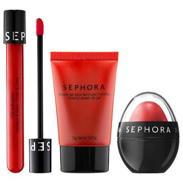 Sephora Collection Get Cheeky Lip And Cheek Set Candy Apple (kiss Balm), Lotus (colorful Cheek Ink Gel), Cherry Cocktail (oil Infusion)