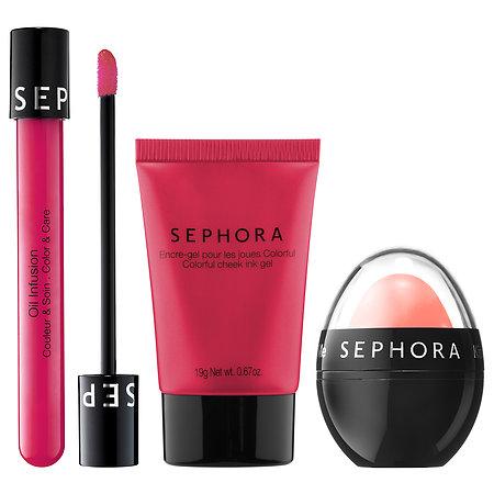 Sephora Collection Get Cheeky Lip And Cheek Set Pink Bubblegum (kiss Balm), Blush In Water Lily (colorful Cheek Ink Gel), Raspberry Smoothie (oil Infusion)