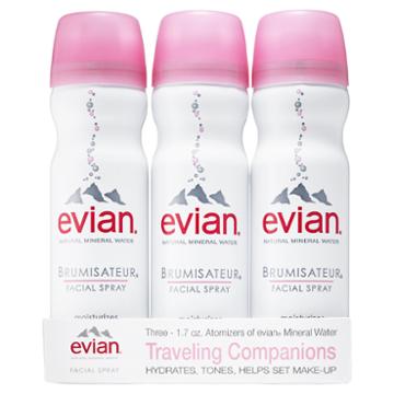 Evian Brumisateur Natural Mineral Water Facial Spray Travel Trio 3 X 1.7 Oz/ 50.28 Ml