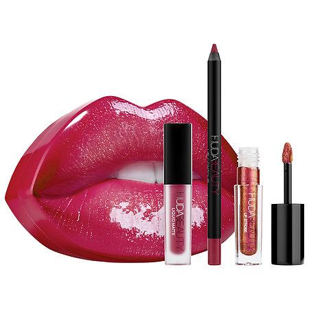 Huda Beauty Contour & Strobe Lip Set Trophy Wife (rose Wood) / Shameless (chameleon Sheer Base Encapsulating Gold And Pink Pearls)