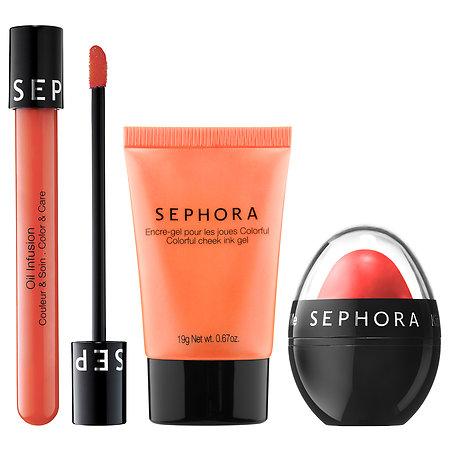 Sephora Collection Get Cheeky Lip And Cheek Set Peach Melba (kiss Balm), Plumeria (colorful Cheek Ink Gel), Peach Tea (oil Infusion)