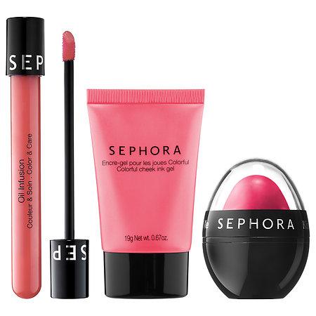 Sephora Collection Get Cheeky Lip And Cheek Set Stawberry Fizz (kiss Balm), Blush In Orchid (colorful Cheek Ink Gel), Pink Granita (oil Infusion)