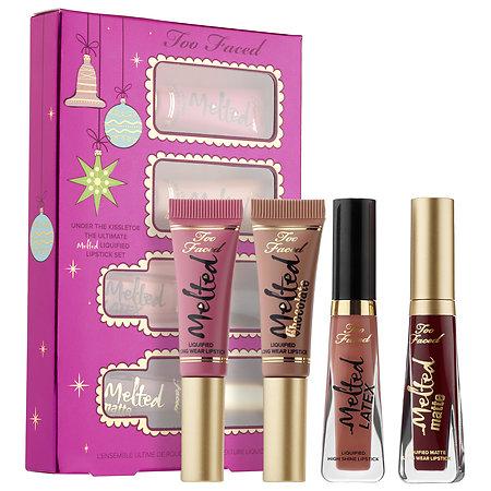 Too Faced Under The Kissletoe The Ultimate Liquified Lipstick Set Drop Dead Red/ Hopeless Romantic/ Chihuahua/ Chocolate Honey