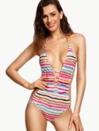 Shein Multicolor Striped Ladder Cut Plunge Neck One Piece Swimwear