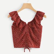 Shein Ruffle Trim Drawstring Polka Dot Top