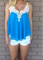Rosewe Blue Lace Patchwork Chiffon Camisole Top