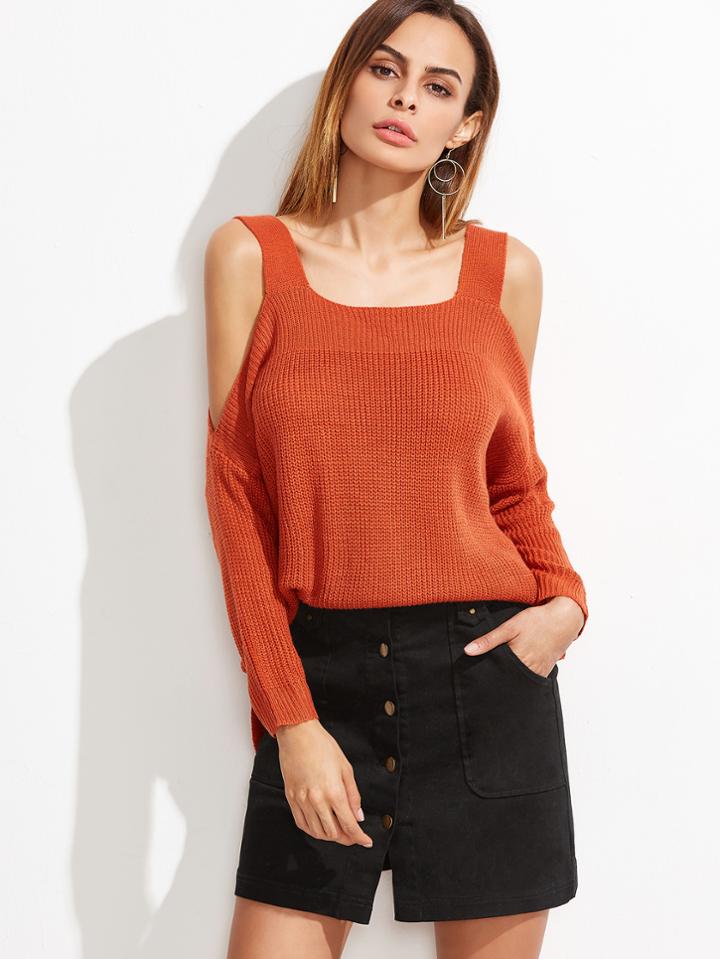 Shein Orange Cold Shoulder Slit Side High Low Sweater