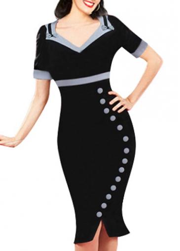 Rosewe Button Decorated Knee Length Patchwork Dress