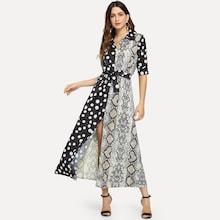 Shein Polka Dot And Snake Print Belted Dress