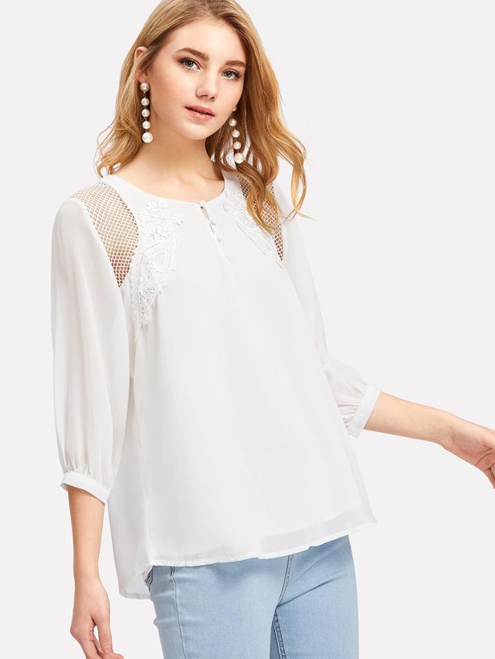 Shein Lace Crochet Contrast Button Front Blouse