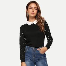 Shein Pearls Beaded Collar Tee