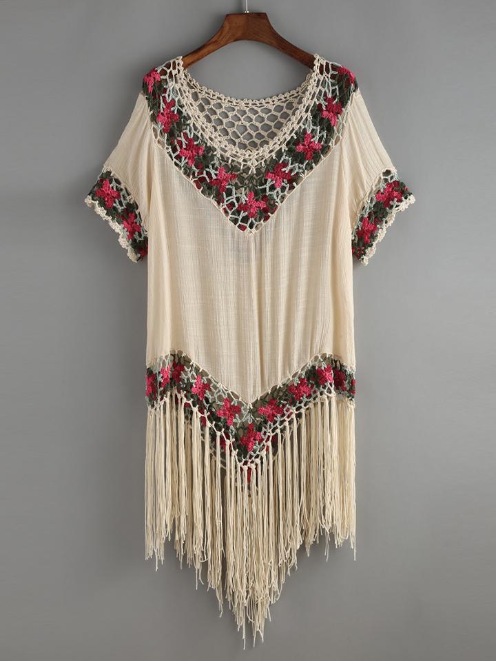 Shein Apricot V Neck Crochet Fringe Shirt