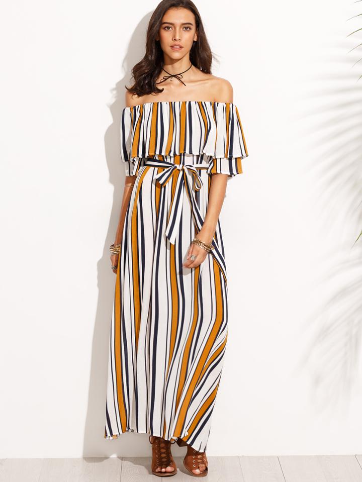 Shein Vertical Striped Off The Shoulder Ruffle Self Tie Dress