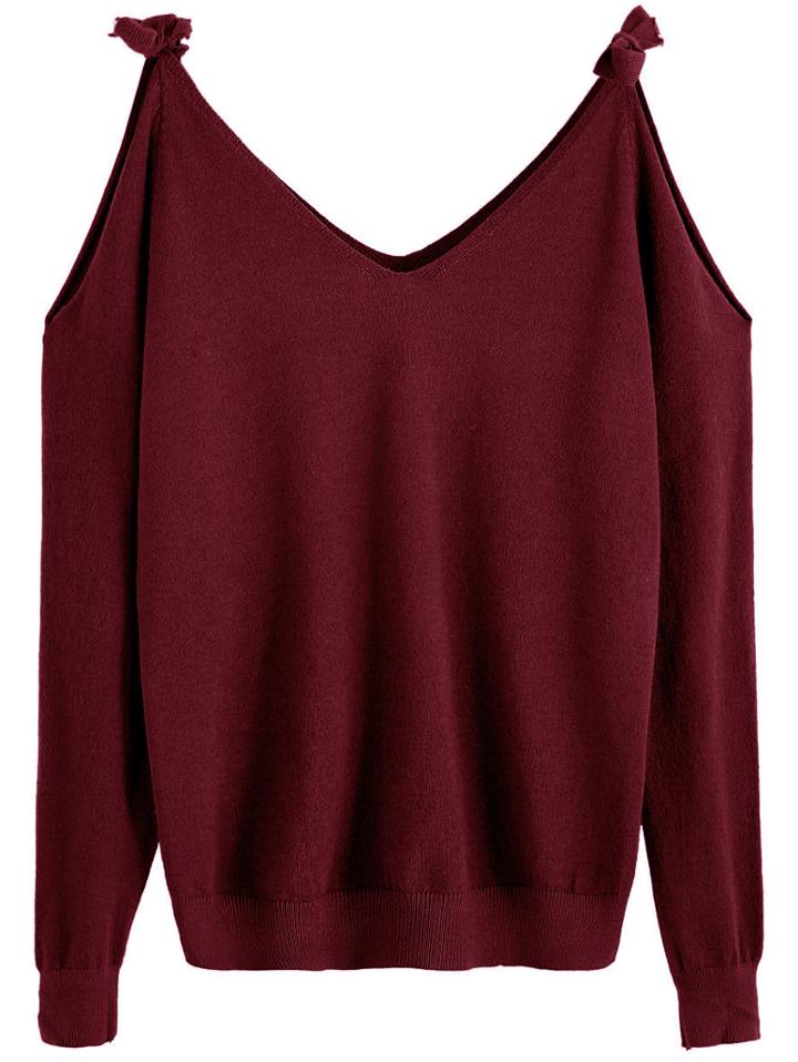 Shein Burgundy Tie Cold Shoulder Sweater
