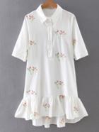 Shein White Lapel Embroidery Ruffle Hem Dress