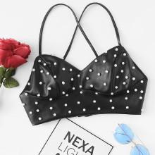 Shein Pearl Embellished Faux Leather Bustier Top