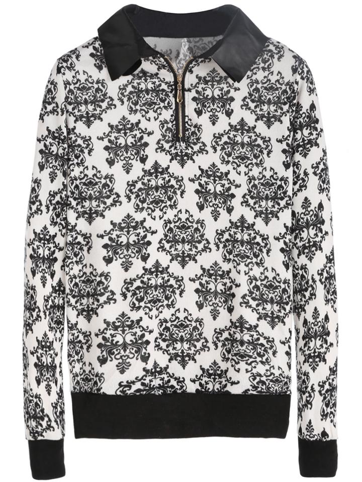 Shein Contrast Trim Ornate Print Zipper Sweatshirt