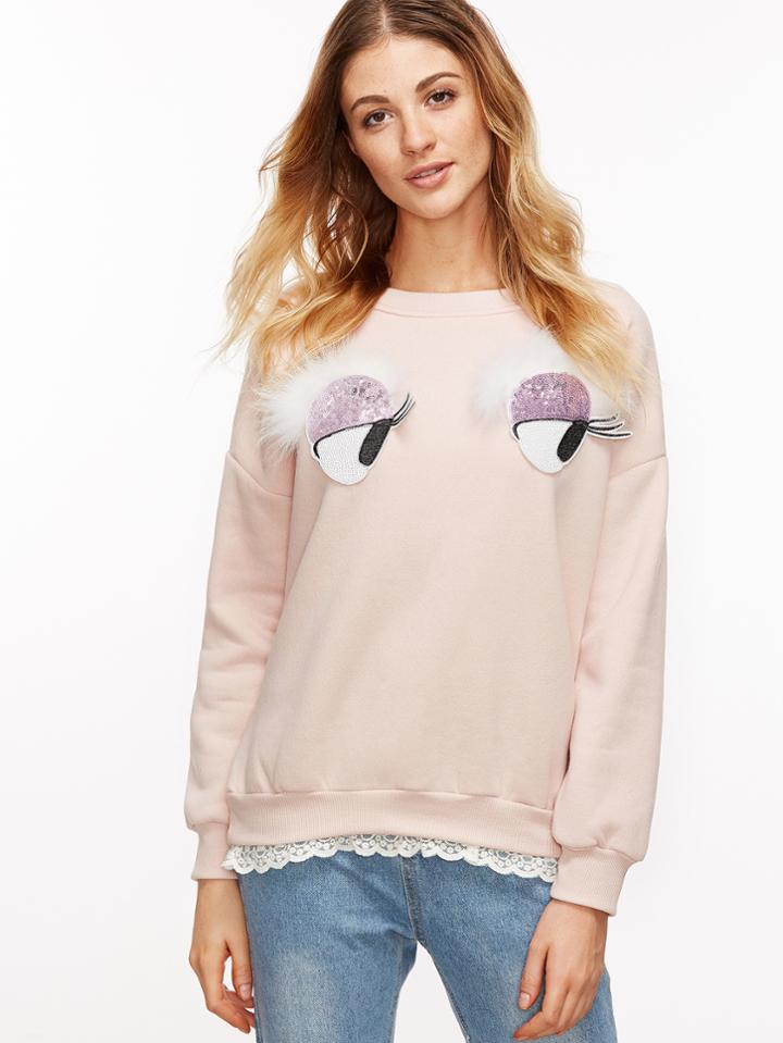 Shein Pink Drop Shoulder Sequins Trim Contrast Lace Sweatshirt