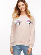 Shein Pink Drop Shoulder Sequins Trim Contrast Lace Sweatshirt