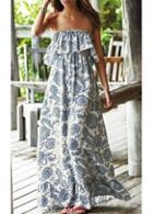 Rosewe Ruffle Decorated Strapless Printed Maxi Dress
