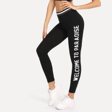 Shein Contrast Tape Waist Letter Side Leggings