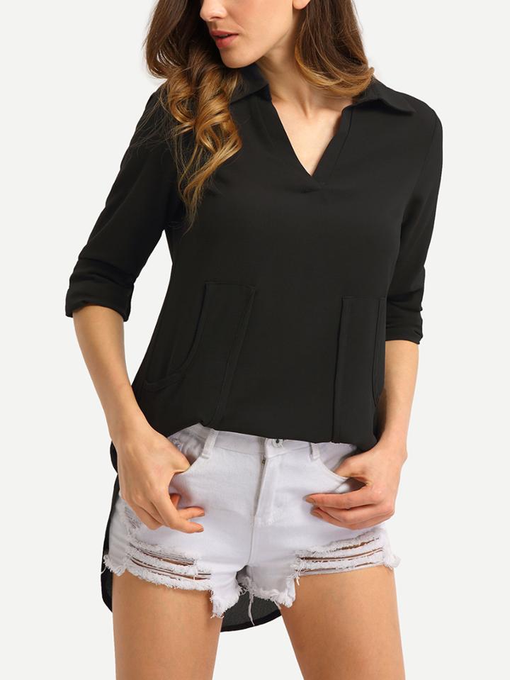 Shein Dual Pocket Curved Hem Chiffon Blouse - Black