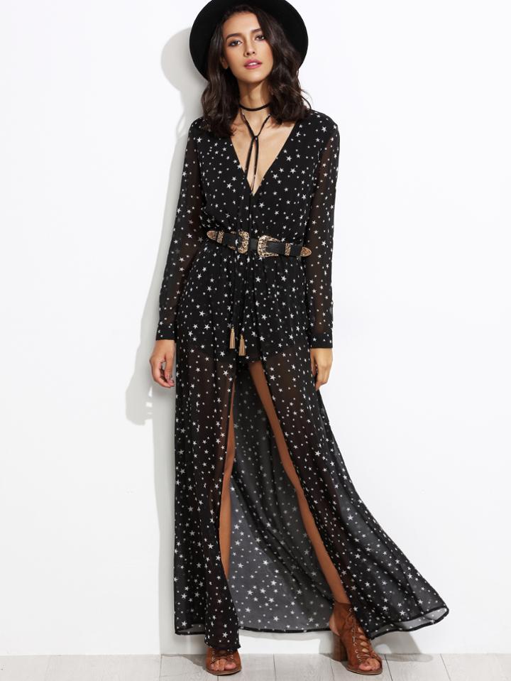 Shein Black Stars Print Long Sleeve Jumpsuit With Skirt Overlay