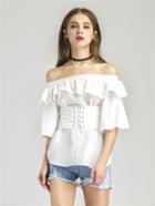 Shein Flounce Layered Neckline Lace Up Corset Belt Top