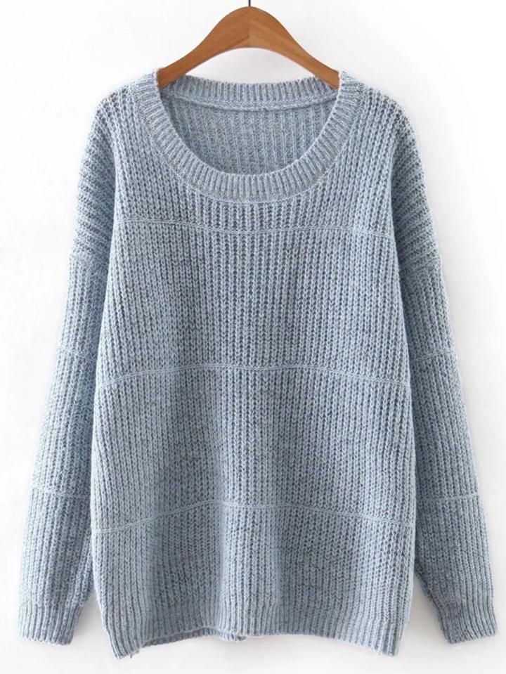 Shein Blue Round Neck Plain Knitwear