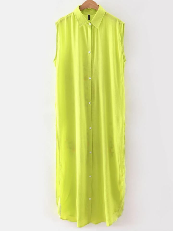 Shein Green Sleeveless Lapel Embroidery Shirt Dress